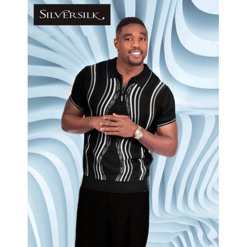 Silversilk Black / Grey / White Wavy Design Half-Zip Pullover 2 Piece Short Sleeve Knitted Outfit 9316